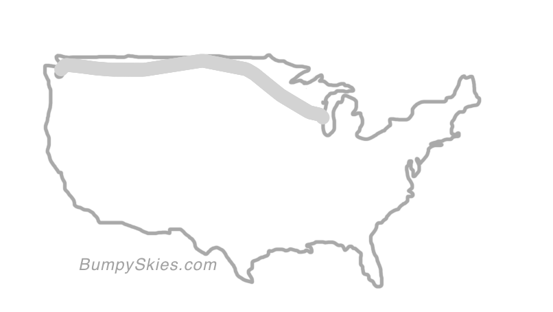 Map of continental US with illustrated flight path and turbulence forecast (described in text below)