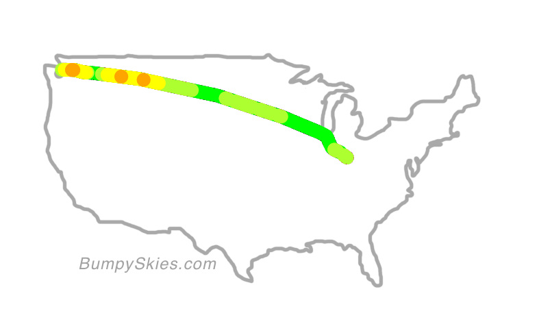 Map of continental US with illustrated flight path and turbulence forecast (described in text below)