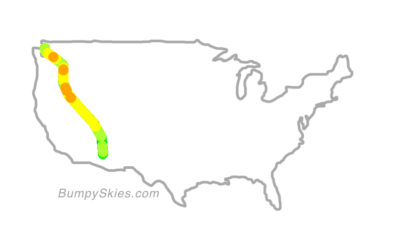 Map of continental US with illustrated flight path and turbulence forecast (described in text below)