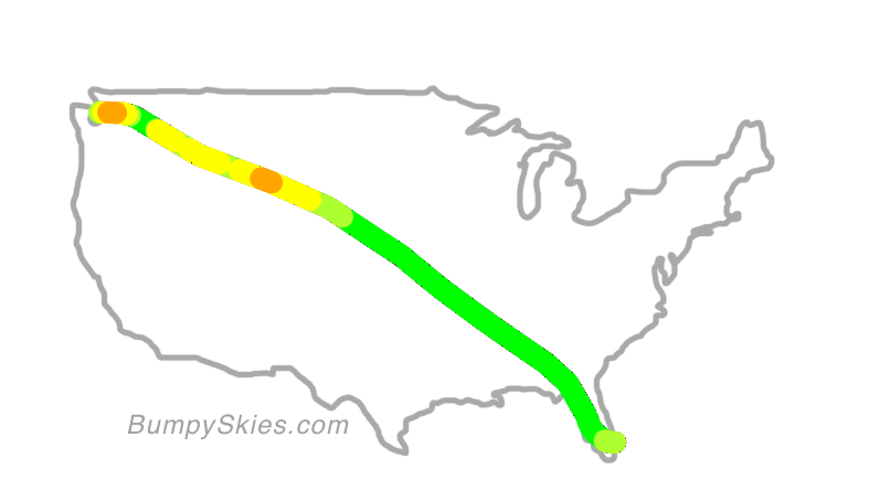 Map of continental US with illustrated flight path and turbulence forecast (described in text below)