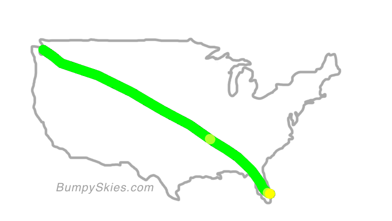 Map of continental US with illustrated flight path and turbulence forecast (described in text below)