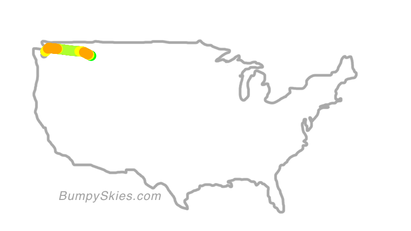 Map of continental US with illustrated flight path and turbulence forecast (described in text below)