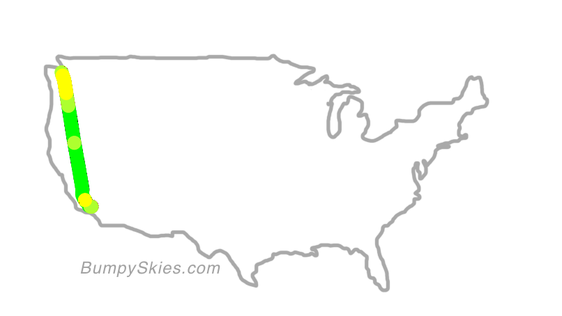 Map of continental US with illustrated flight path and turbulence forecast (described in text below)