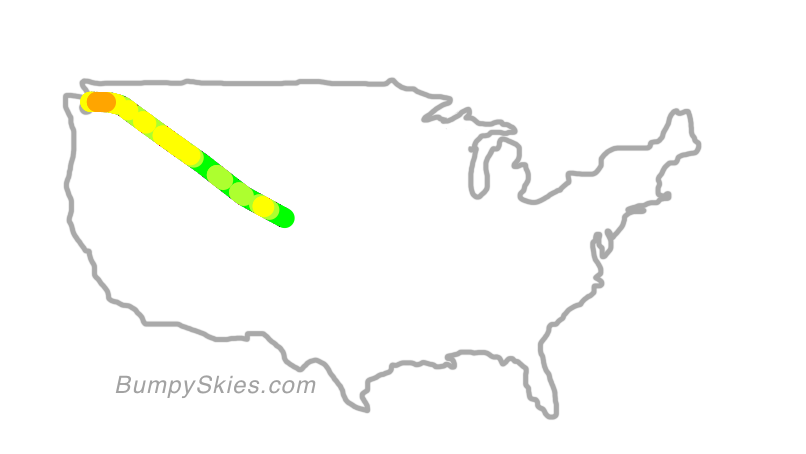 Map of continental US with illustrated flight path and turbulence forecast (described in text below)