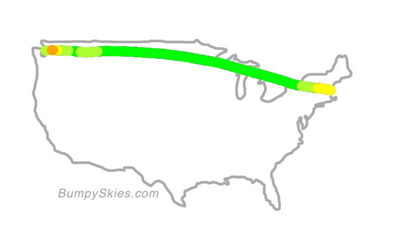 Map of continental US with illustrated flight path and turbulence forecast (described in text below)