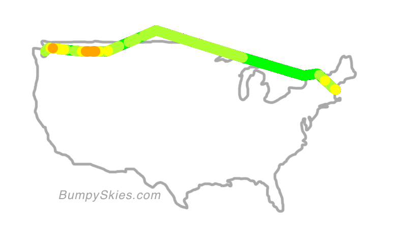 Map of continental US with illustrated flight path and turbulence forecast (described in text below)