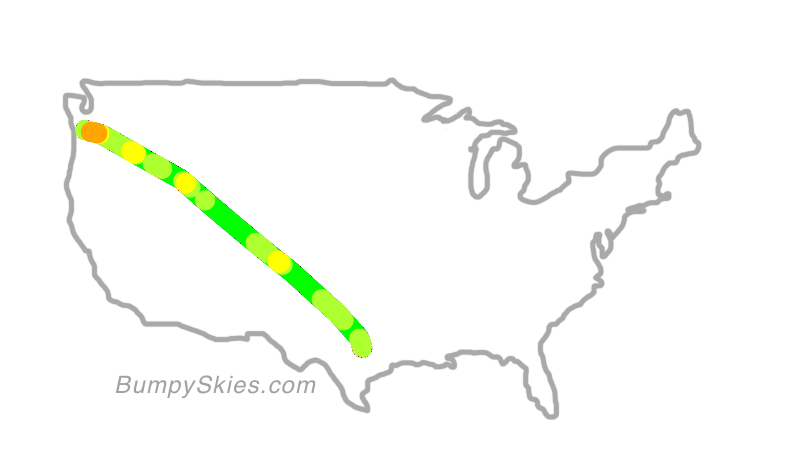Map of continental US with illustrated flight path and turbulence forecast (described in text below)