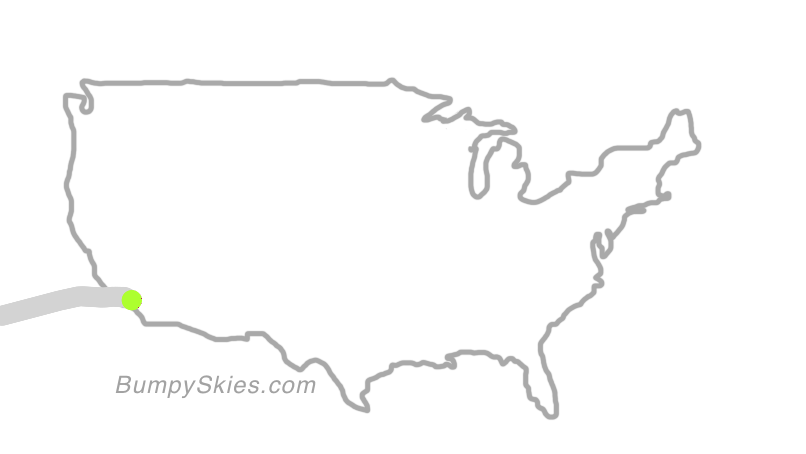 Map of continental US with illustrated flight path and turbulence forecast (described in text below)
