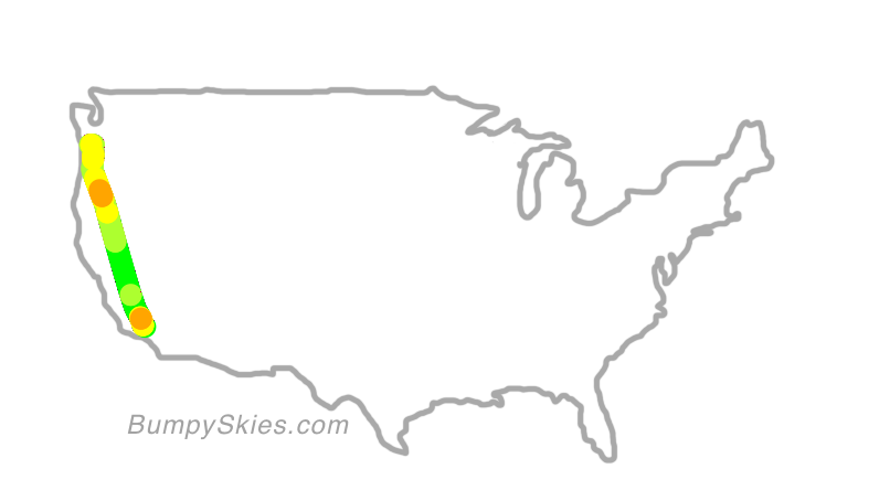 Map of continental US with illustrated flight path and turbulence forecast (described in text below)