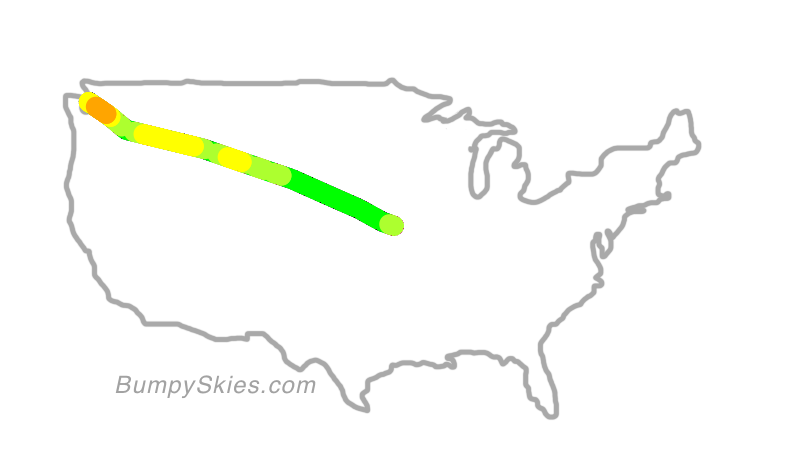 Map of continental US with illustrated flight path and turbulence forecast (described in text below)