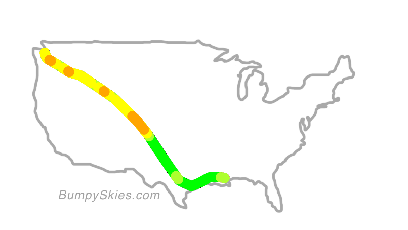 Map of continental US with illustrated flight path and turbulence forecast (described in text below)