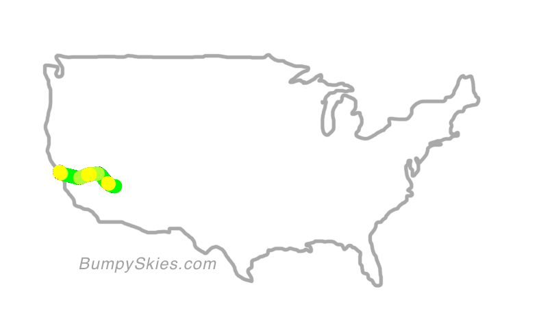 Map of continental US with illustrated flight path and turbulence forecast (described in text below)