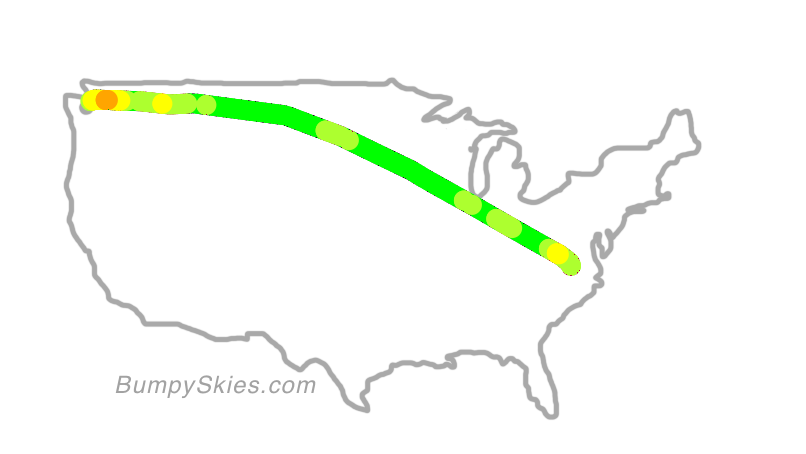 Map of continental US with illustrated flight path and turbulence forecast (described in text below)