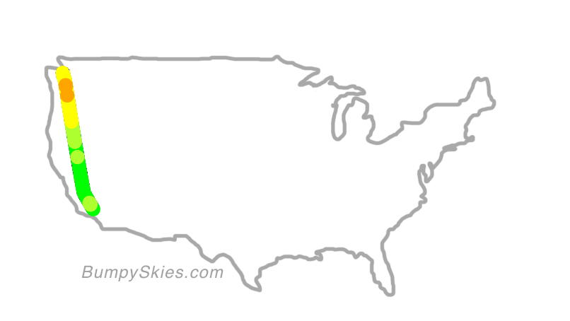 Map of continental US with illustrated flight path and turbulence forecast (described in text below)