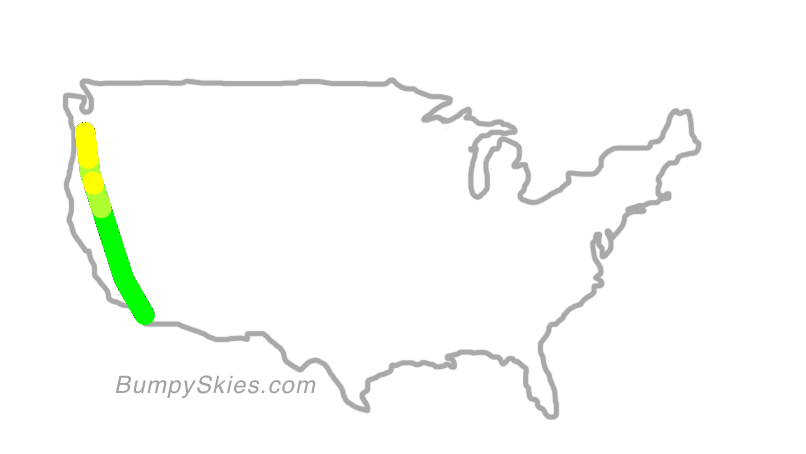 Map of continental US with illustrated flight path and turbulence forecast (described in text below)
