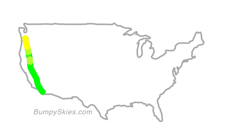 Map of continental US with illustrated flight path and turbulence forecast (described in text below)