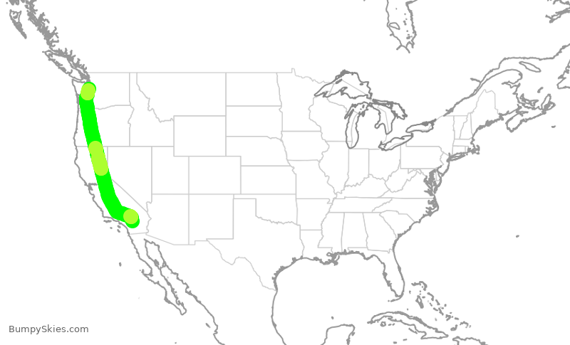 Turbulence forecast map for ASA582, PSP to SEA