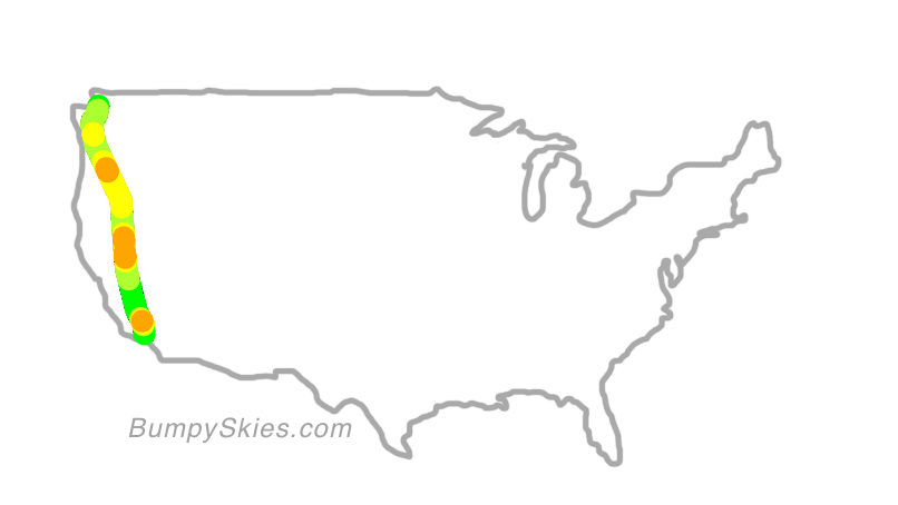 Map of continental US with illustrated flight path and turbulence forecast (described in text below)