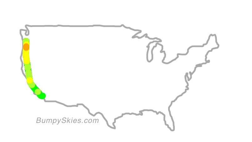 Map of continental US with illustrated flight path and turbulence forecast (described in text below)
