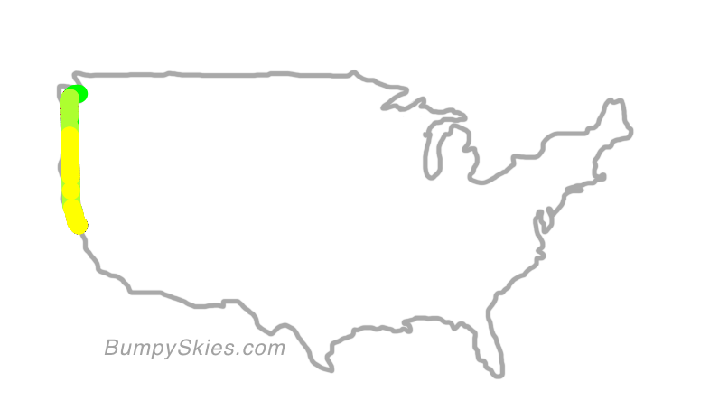Map of continental US with illustrated flight path and turbulence forecast (described in text below)