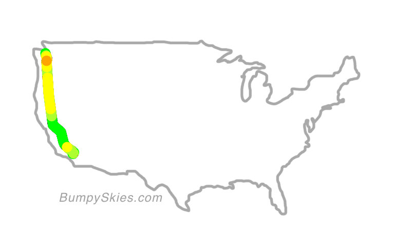 Map of continental US with illustrated flight path and turbulence forecast (described in text below)