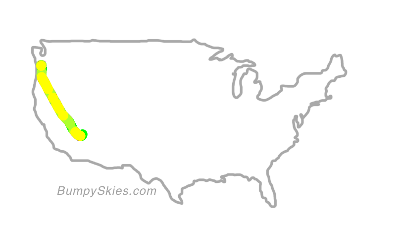 Map of continental US with illustrated flight path and turbulence forecast (described in text below)