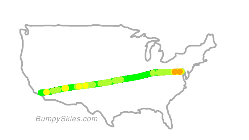 Map of continental US with illustrated flight path and turbulence forecast (described in text below)