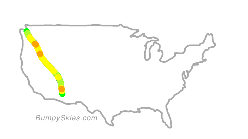 Map of continental US with illustrated flight path and turbulence forecast (described in text below)