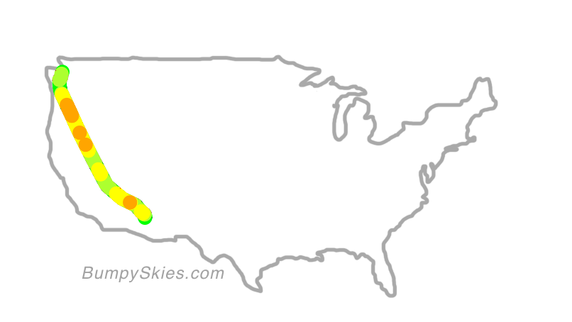 Map of continental US with illustrated flight path and turbulence forecast (described in text below)