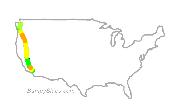 Map of continental US with illustrated flight path and turbulence forecast (described in text below)