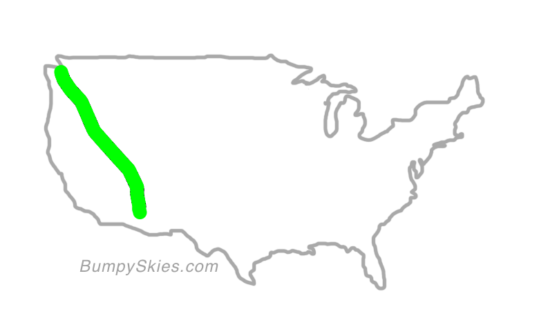 Map of continental US with illustrated flight path and turbulence forecast (described in text below)