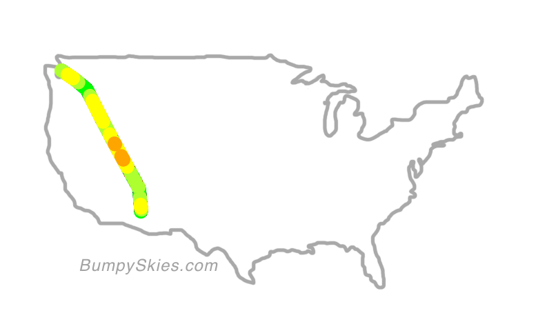 Map of continental US with illustrated flight path and turbulence forecast (described in text below)