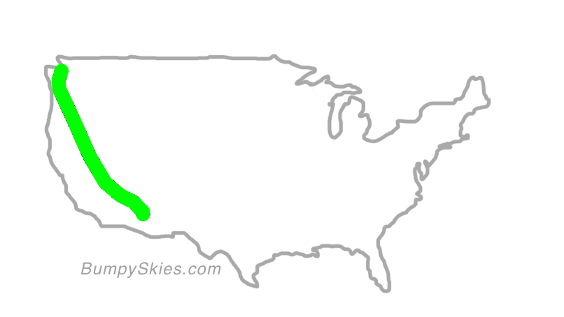 Map of continental US with illustrated flight path and turbulence forecast (described in text below)