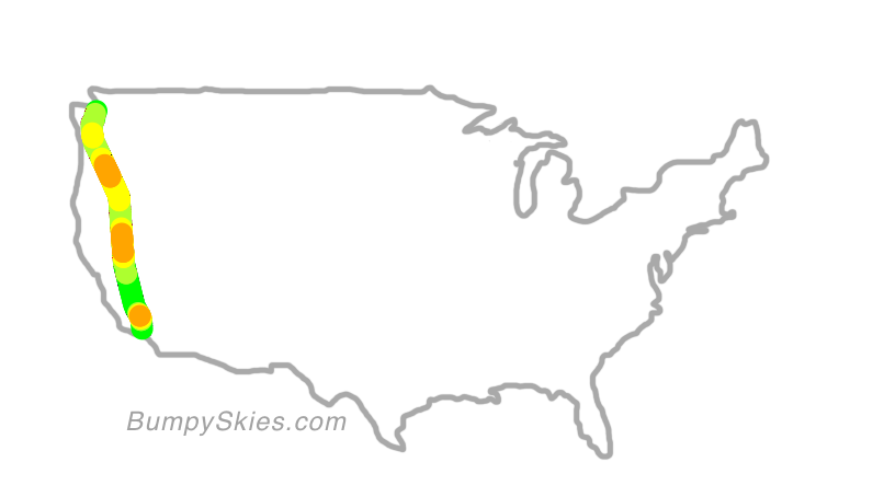 Map of continental US with illustrated flight path and turbulence forecast (described in text below)