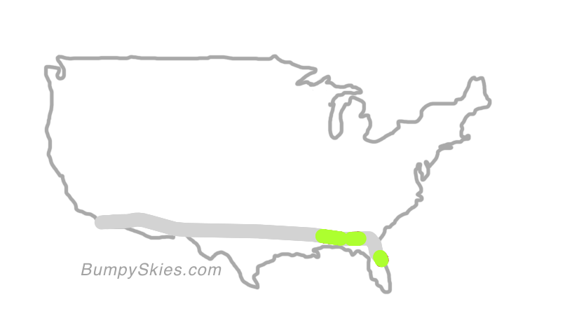Map of continental US with illustrated flight path and turbulence forecast (described in text below)