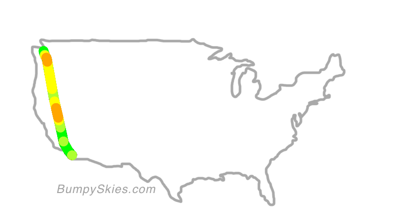 Map of continental US with illustrated flight path and turbulence forecast (described in text below)