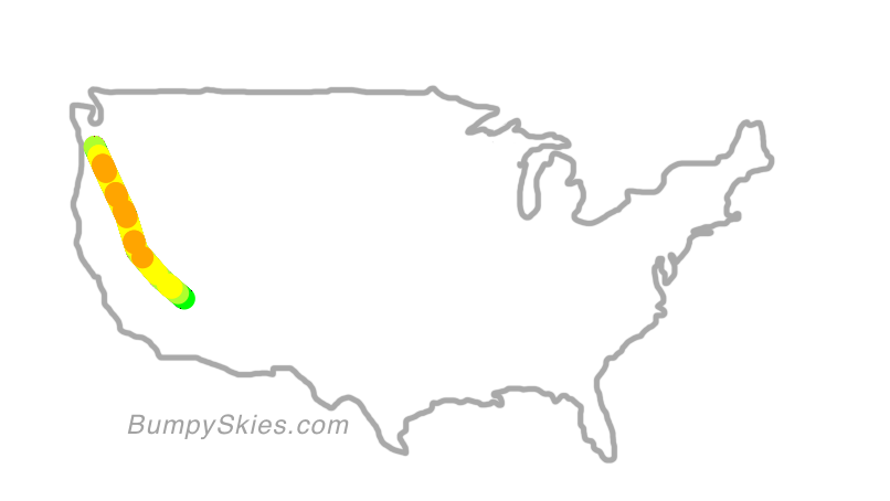 Map of continental US with illustrated flight path and turbulence forecast (described in text below)