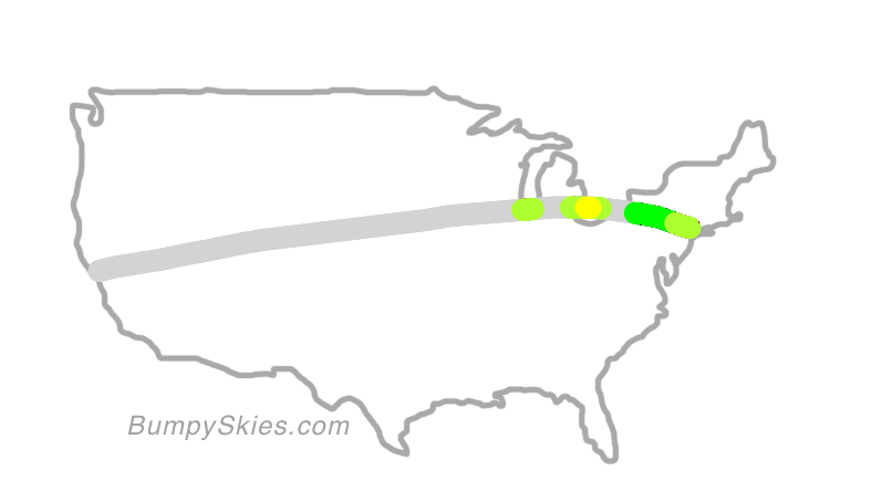 Map of continental US with illustrated flight path and turbulence forecast (described in text below)