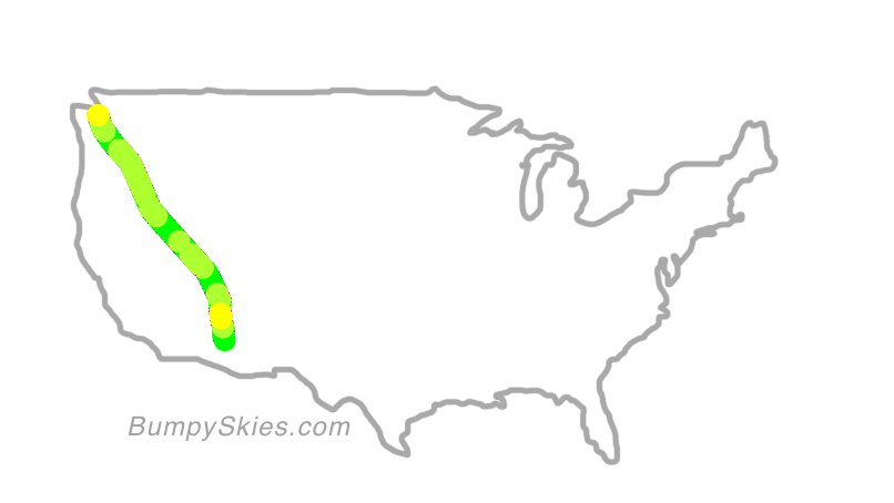 Map of continental US with illustrated flight path and turbulence forecast (described in text below)
