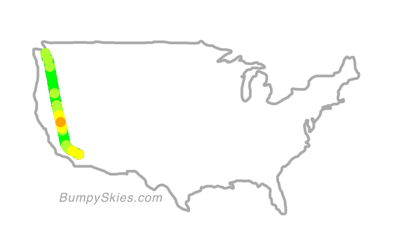 Map of continental US with illustrated flight path and turbulence forecast (described in text below)