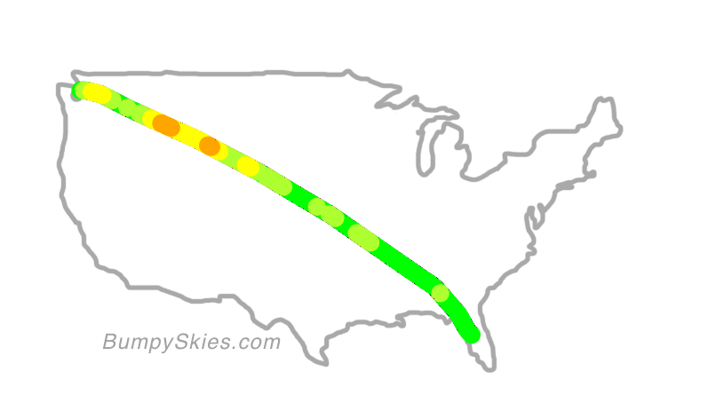 Map of continental US with illustrated flight path and turbulence forecast (described in text below)