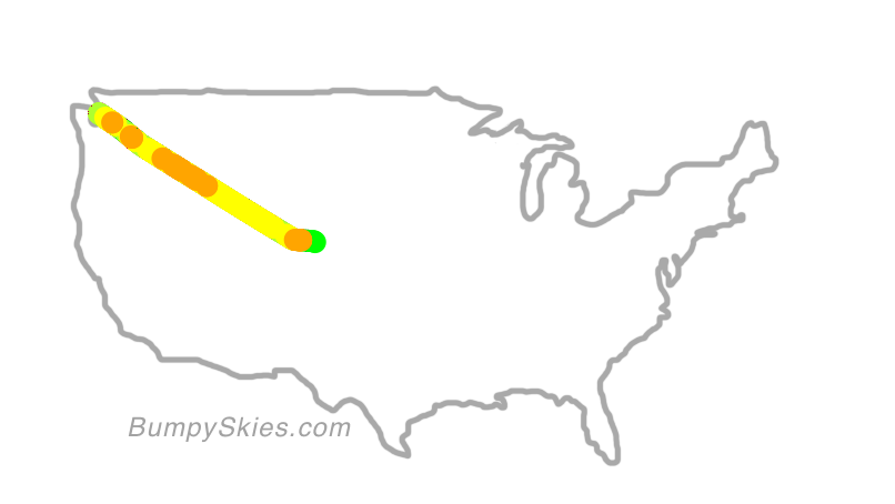 Map of continental US with illustrated flight path and turbulence forecast (described in text below)