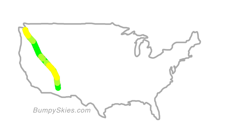 Map of continental US with illustrated flight path and turbulence forecast (described in text below)