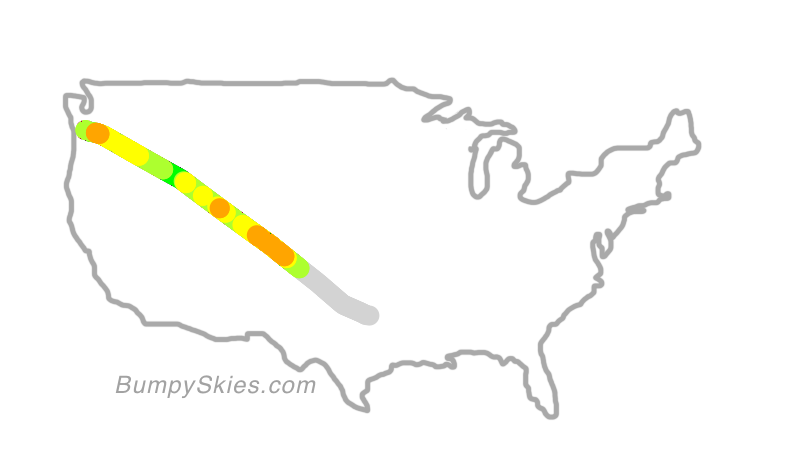 Map of continental US with illustrated flight path and turbulence forecast (described in text below)