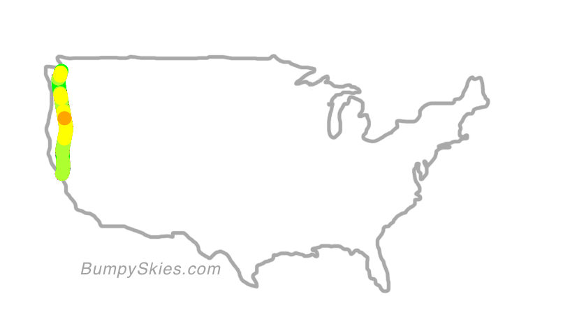 Map of continental US with illustrated flight path and turbulence forecast (described in text below)