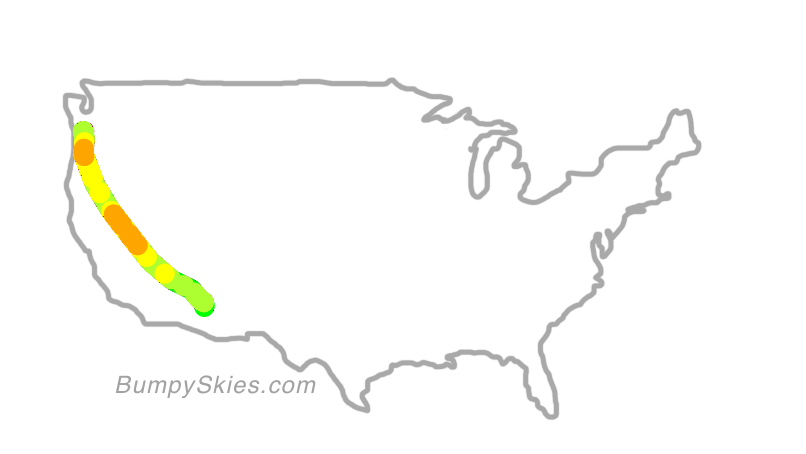 Map of continental US with illustrated flight path and turbulence forecast (described in text below)