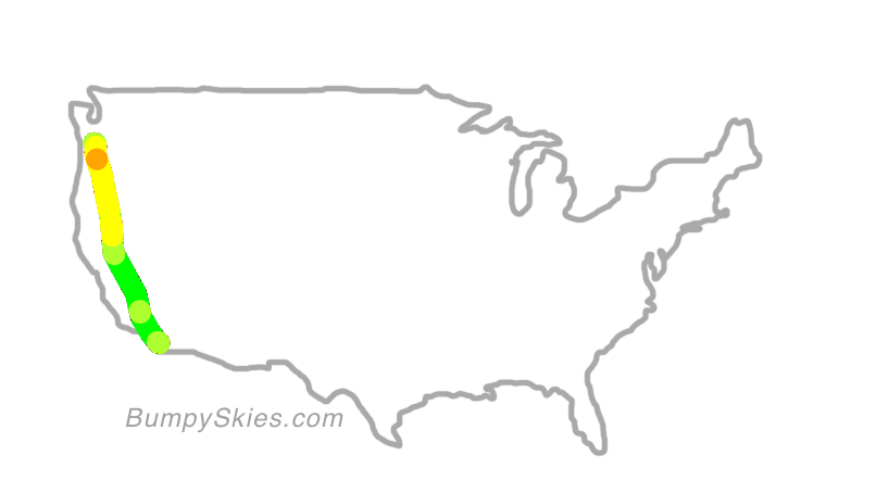 Map of continental US with illustrated flight path and turbulence forecast (described in text below)