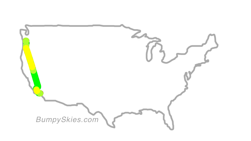 Map of continental US with illustrated flight path and turbulence forecast (described in text below)