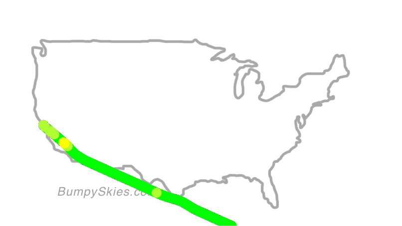 Map of continental US with illustrated flight path and turbulence forecast (described in text below)