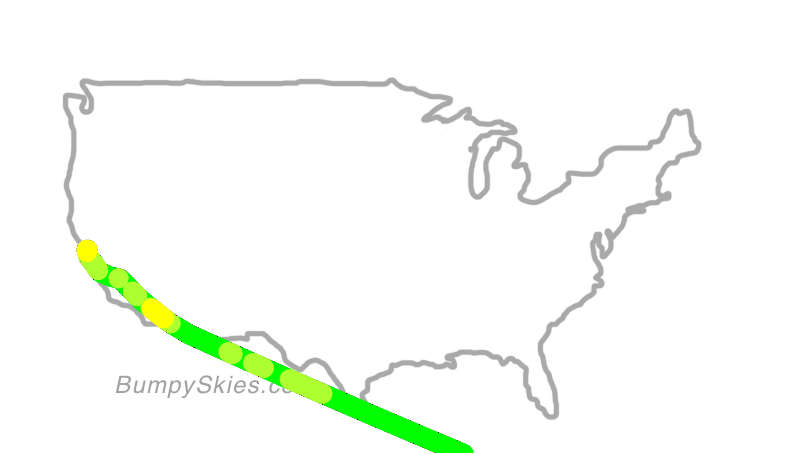 Map of continental US with illustrated flight path and turbulence forecast (described in text below)